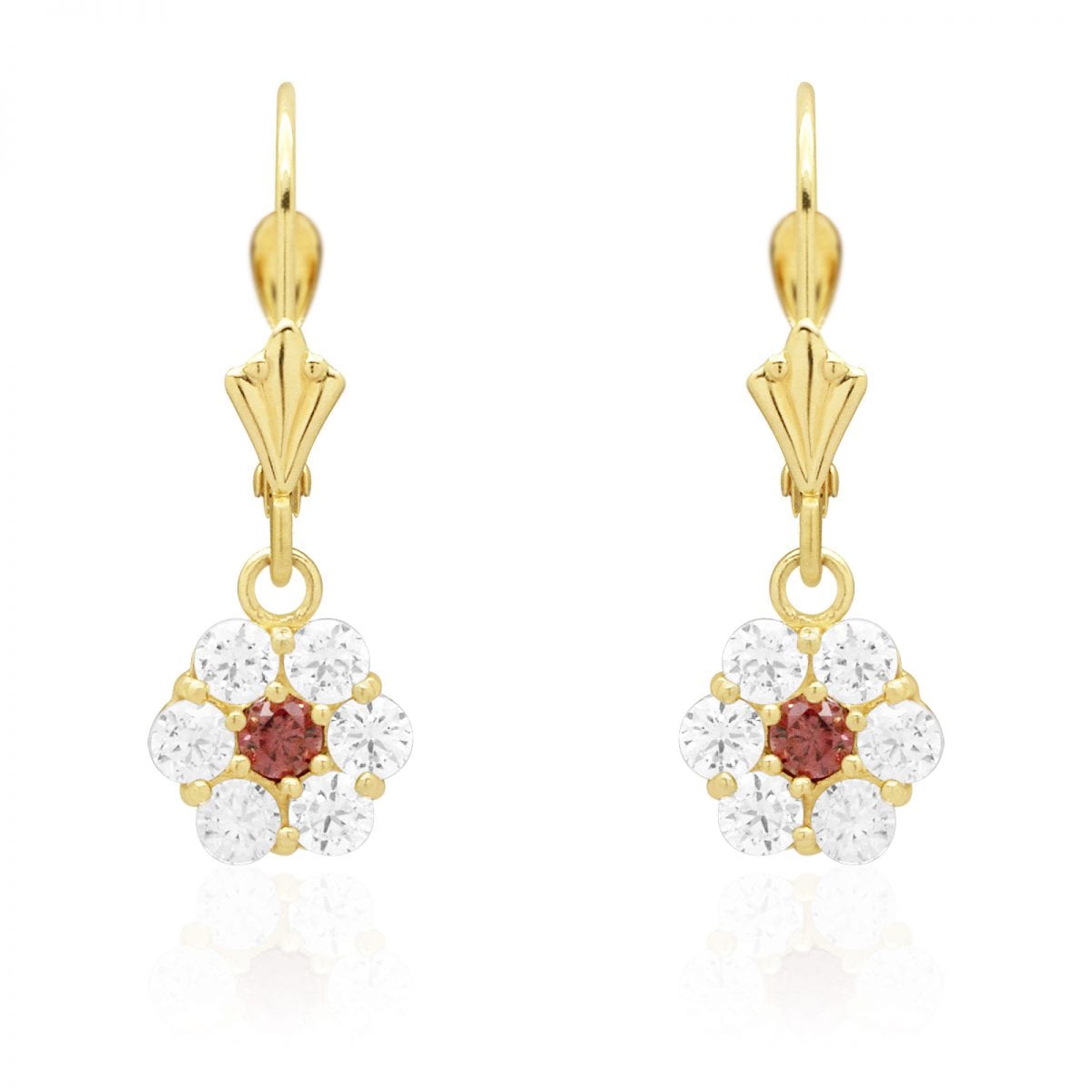 CZ Birthstone Flower Leverback Earrings 14k Yellow Gold