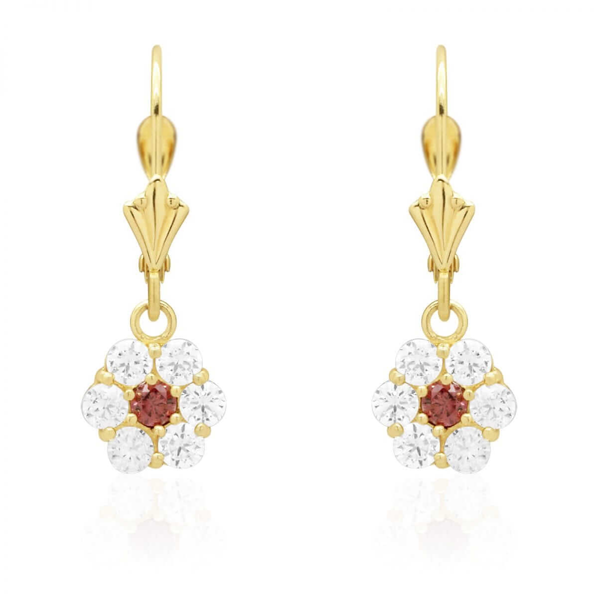 CZ Birthstone Flower Leverback Earrings 14k Yellow Gold