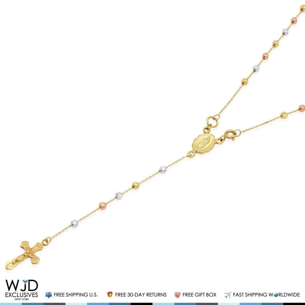 Solid 14k Yellow Gold Tri-Tone 3mm Beaded Rosary Cross Diamond Cut Necklace 26"