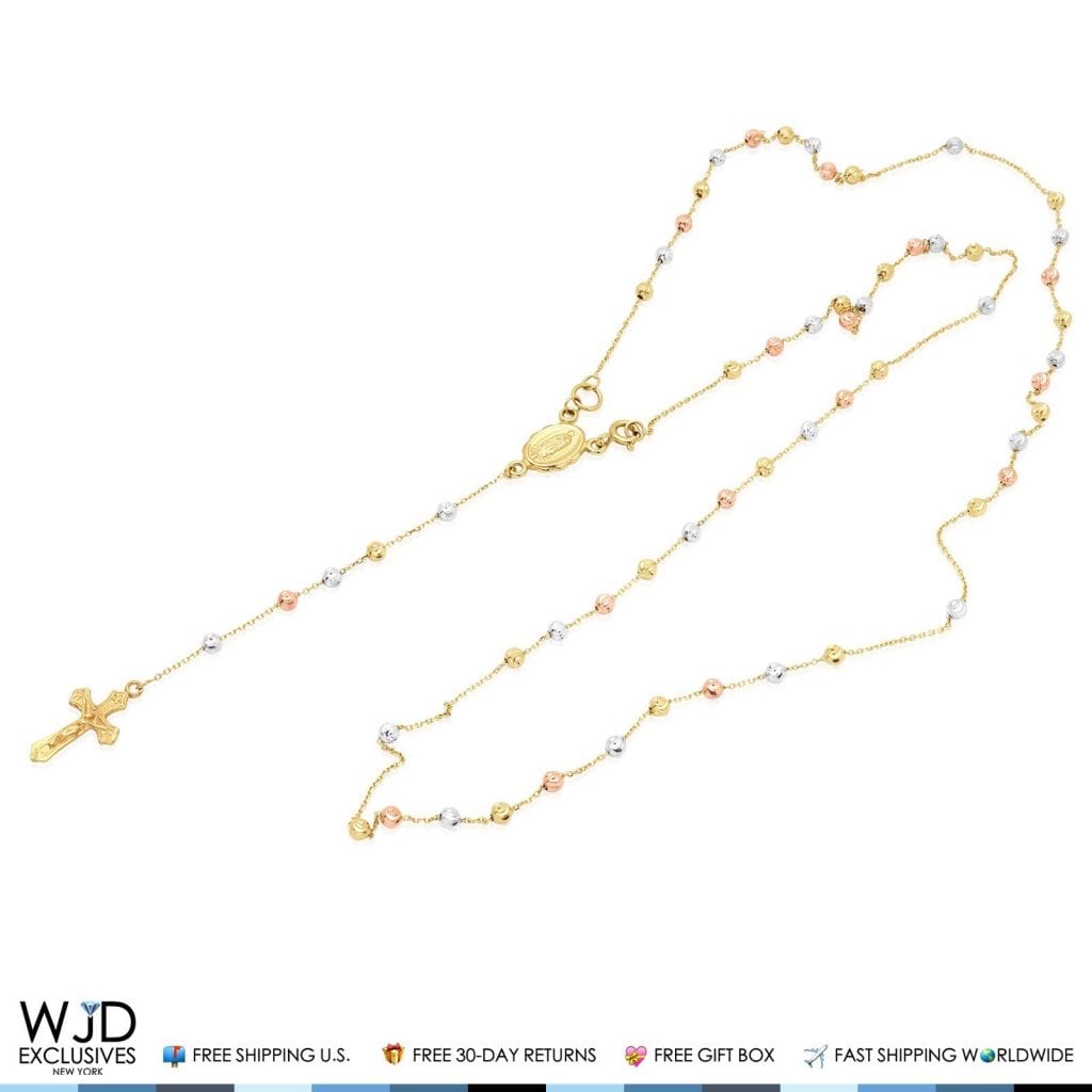 Solid 14k Yellow Gold Tri-Tone 3mm Beaded Rosary Cross Diamond Cut Necklace 26"