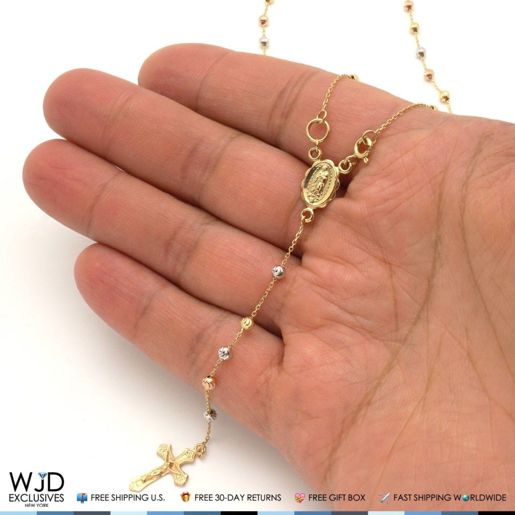 Solid 14k Yellow Gold Tri-Tone 3mm Beaded Rosary Cross Diamond Cut Necklace 26"