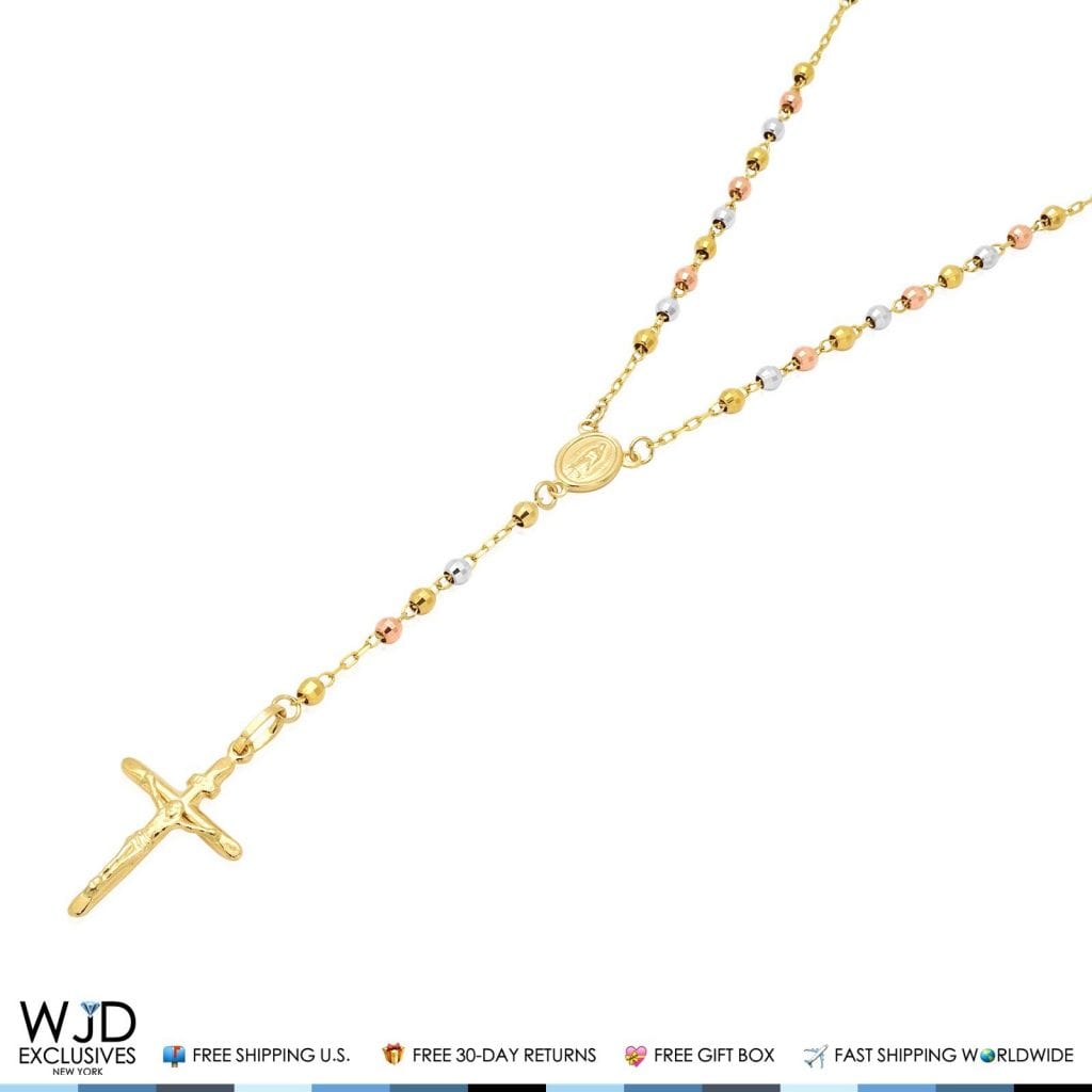 Solid 14k Yellow Gold Tri-Tone 3mm Beaded Rosary Cross Diamond Cut Necklace 18"