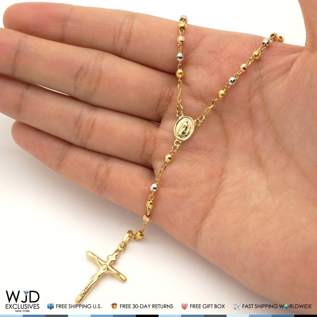 Solid 14k Yellow Gold Tri-Tone 3mm Beaded Rosary Cross Diamond Cut Necklace 18"