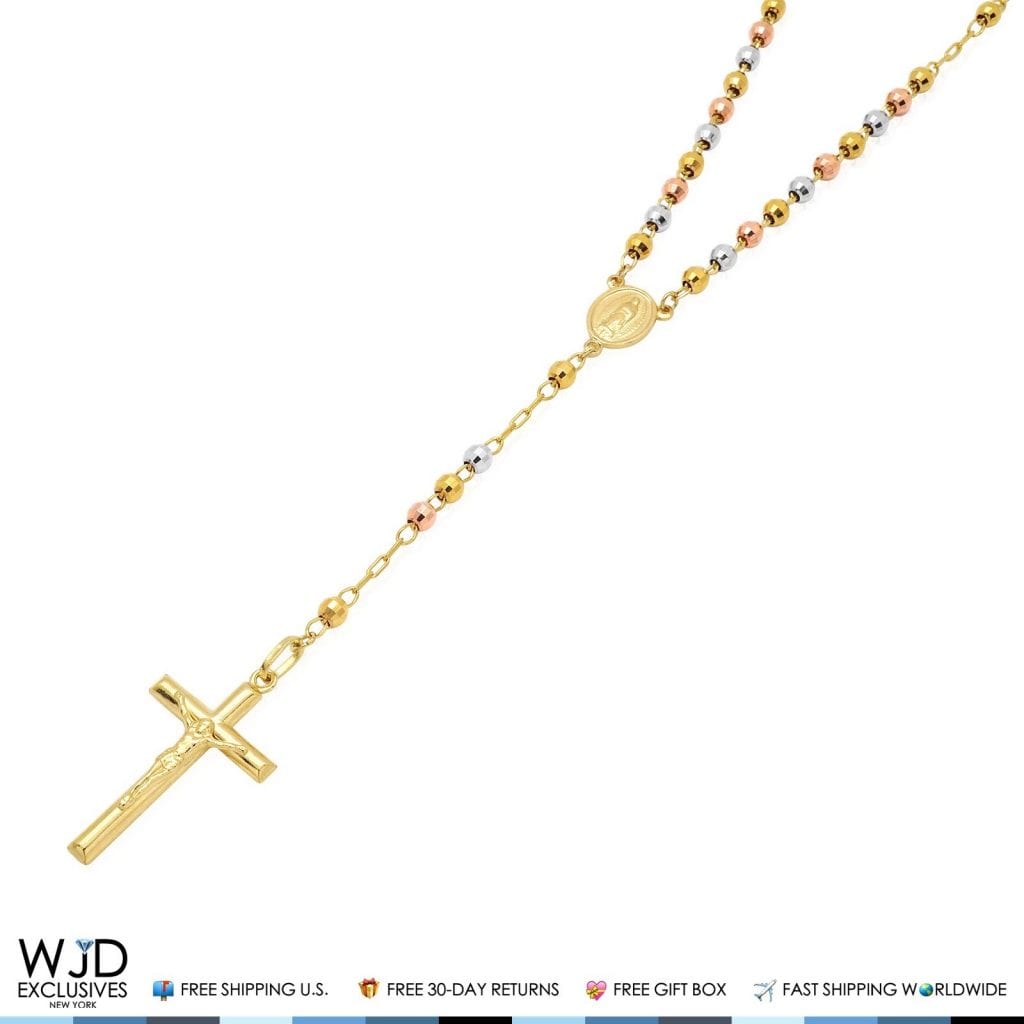 Solid 14k Yellow Gold Tri-Tone 4mm Rosary Cross Diamond Cut Beaded Necklace 20"