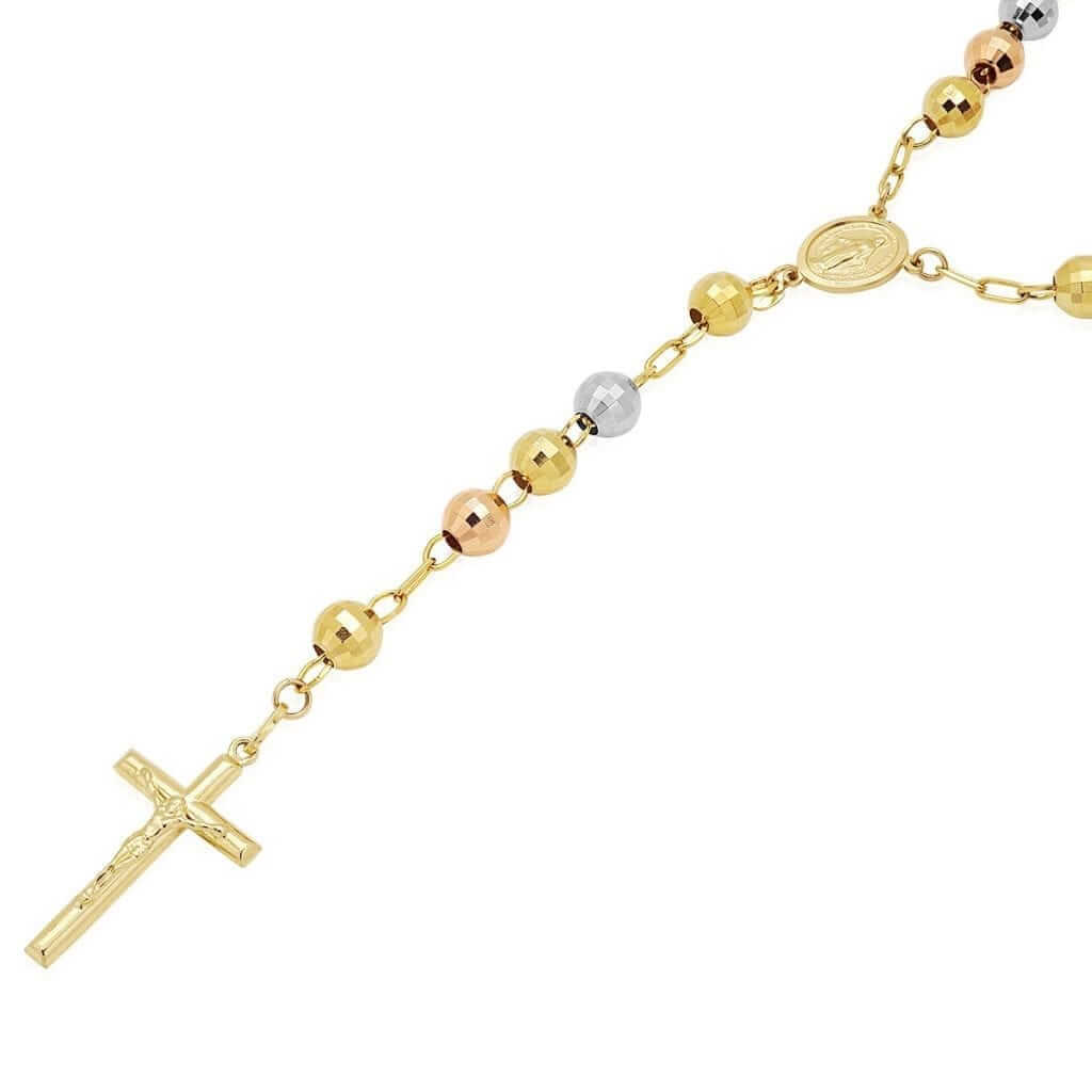 10k Tri-Tone Gold Rosary Cross 6mm Beaded Necklace 26"