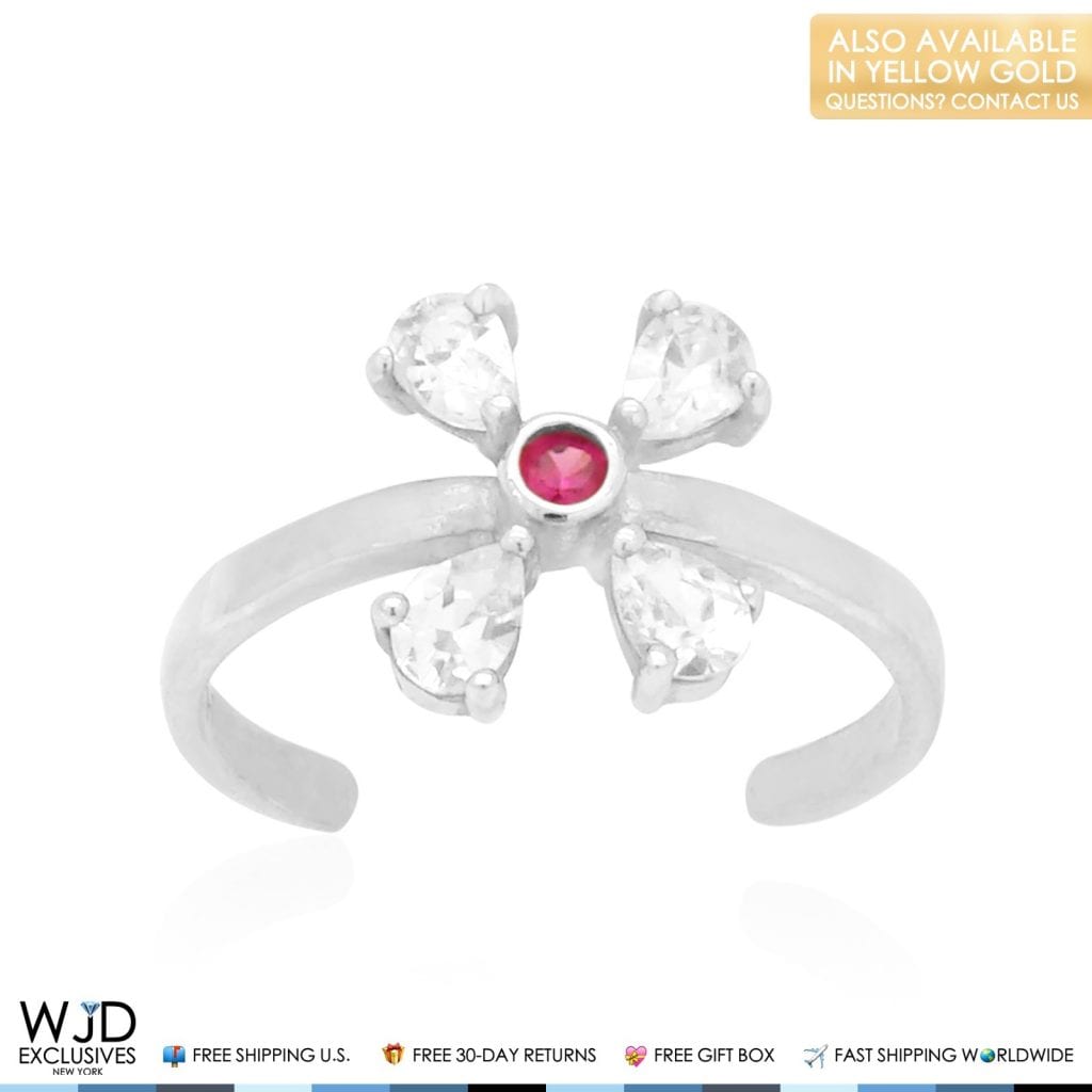 14k Gold Yellow White Prong Pear Simulated White Diamond Ruby Toe Ring