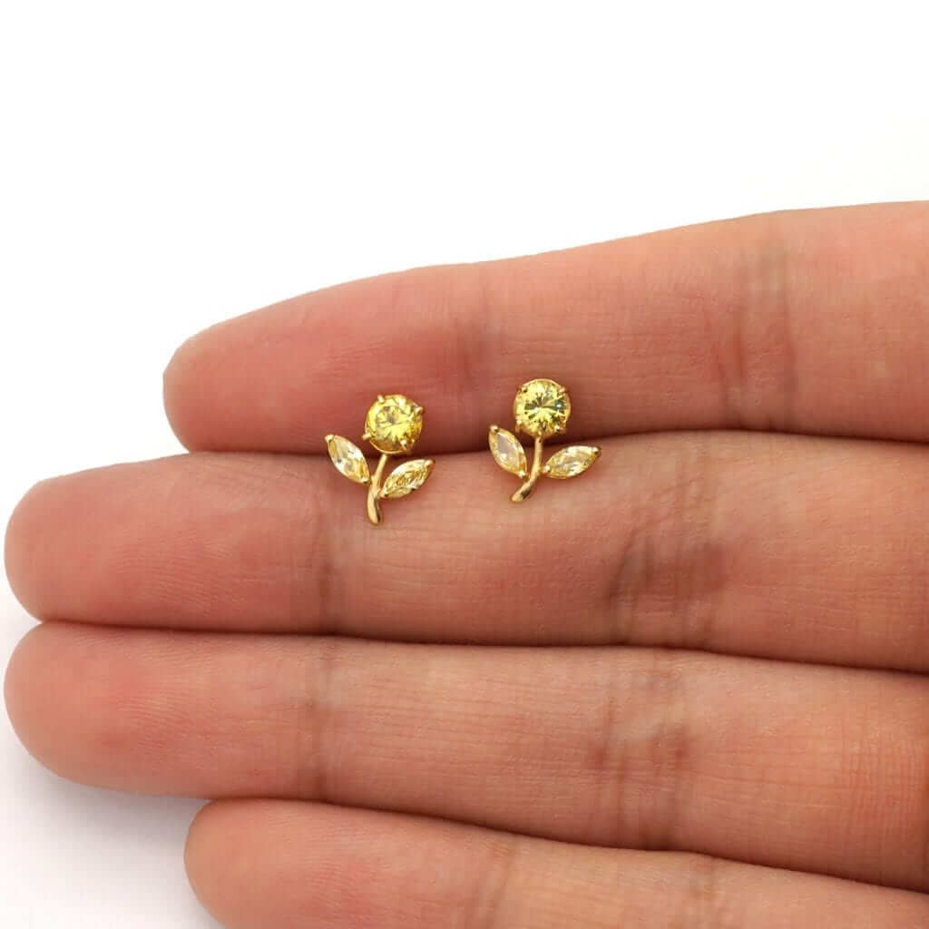 Birthstone Dandelion Flower Stud Kid Earrings 14k Yellow Gold More Variations