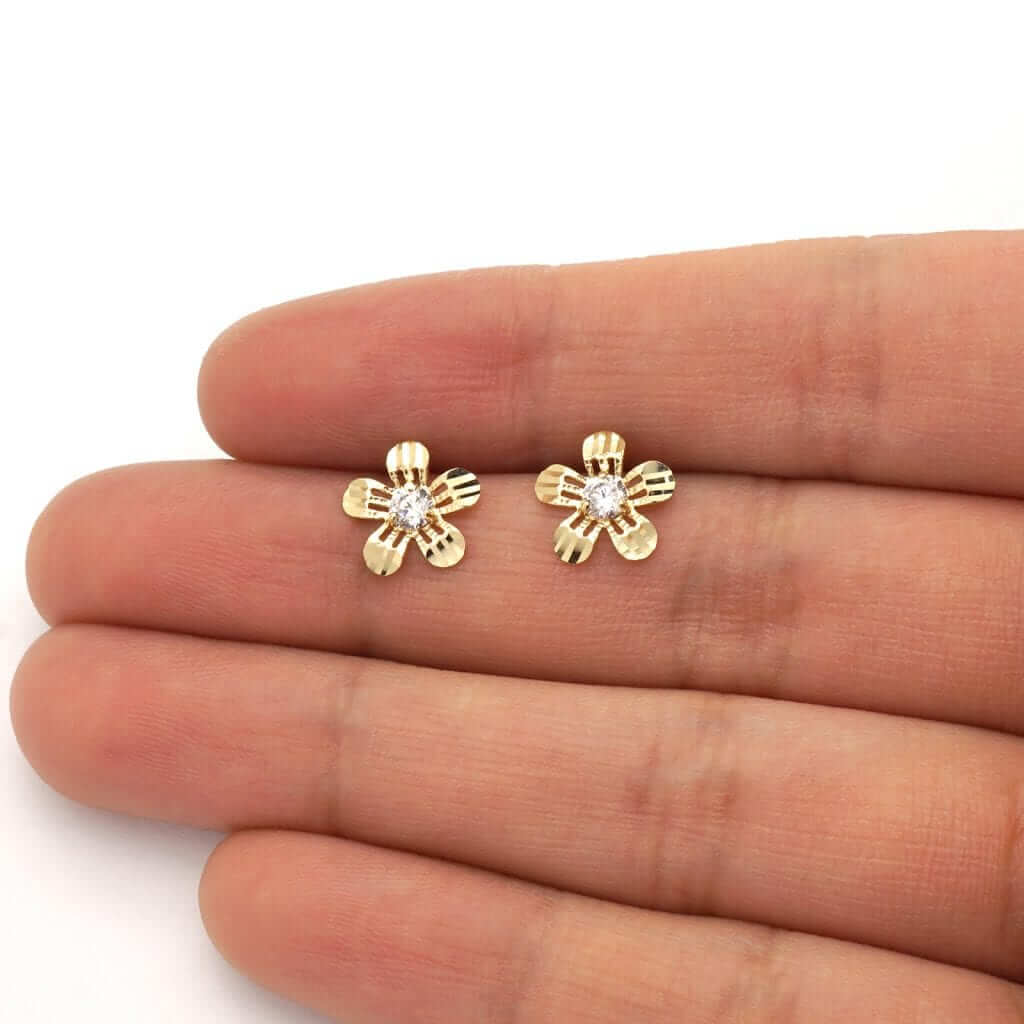 Diamond-Cut Round White Zircon Flower Screwback Stud Earrings 14k Yellow Gold