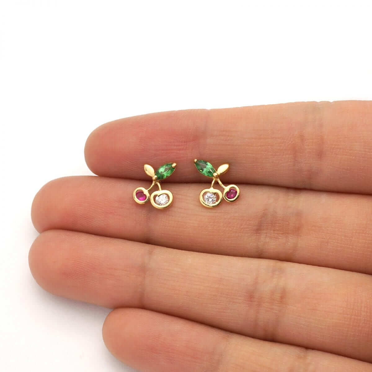 14k Yellow Gold Ruby Emerald & Zircon Gemstone Cherry Screwback Stud Earrings