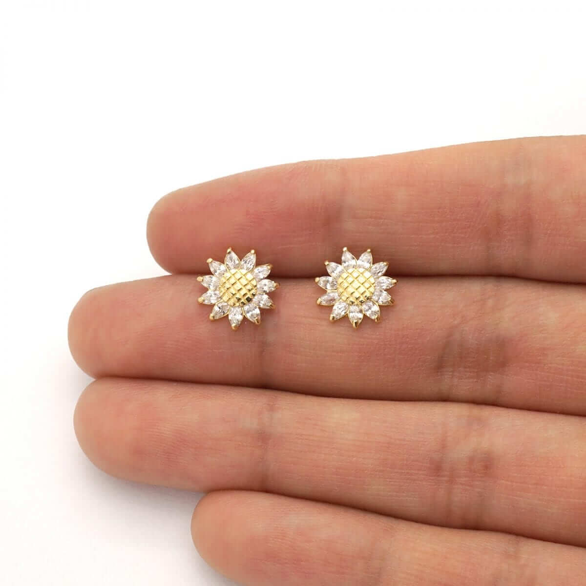 14K Gold Marquise Gemstone Sunflower Textured Stud Screwback Earrings
