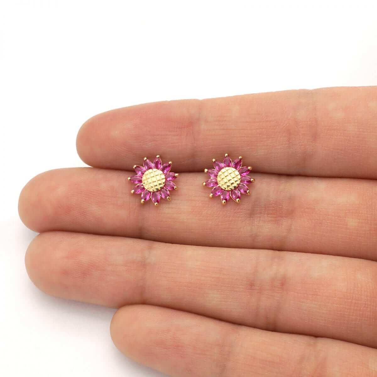 14K Gold Marquise Gemstone Sunflower Textured Stud Screwback Earrings