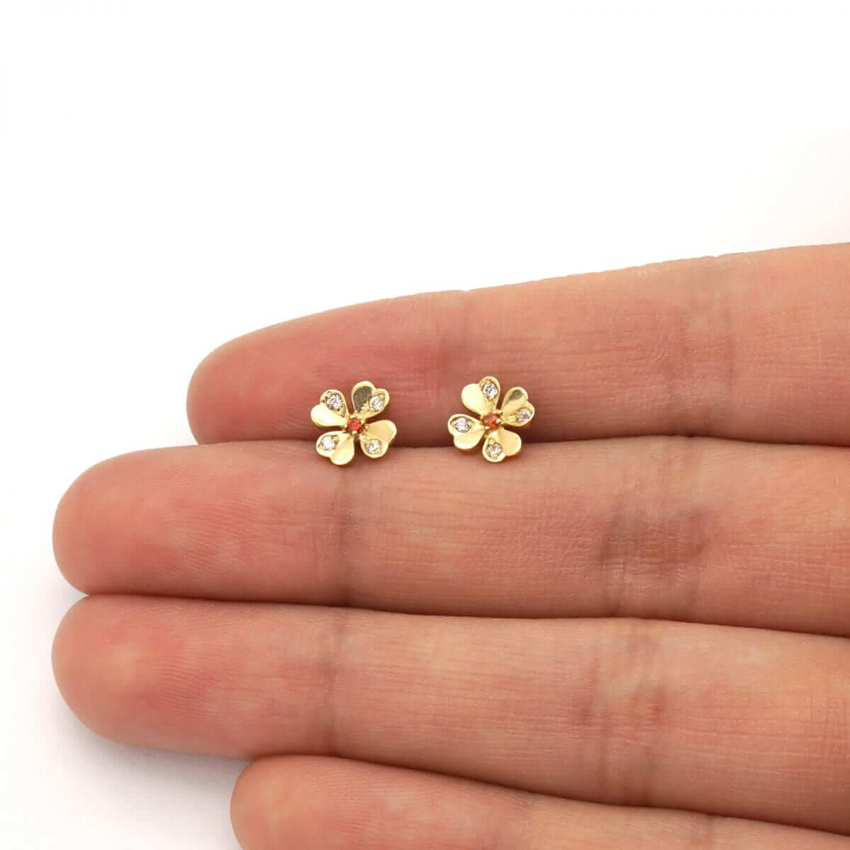 14k Yellow Gold White Zircon & Ruby Flower Shaped Stud Screwback Earrings