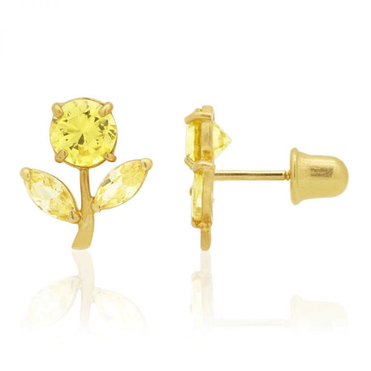 Birthstone Dandelion Flower Stud Kid Earrings 14k Yellow Gold More Variations
