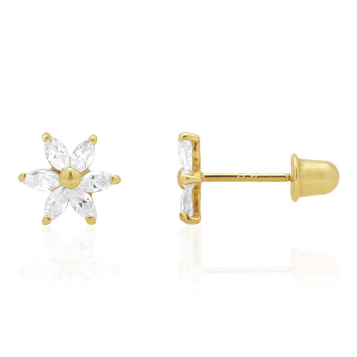 Marquise-Cut White Zircon Flower Screwback Stud Kid Earrings 14k Yellow Gold