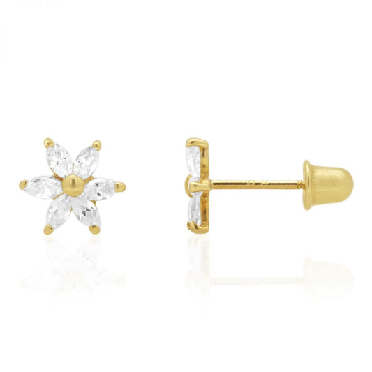 Marquise-Cut White Zircon Flower Screwback Stud Kid Earrings 14k Yellow Gold