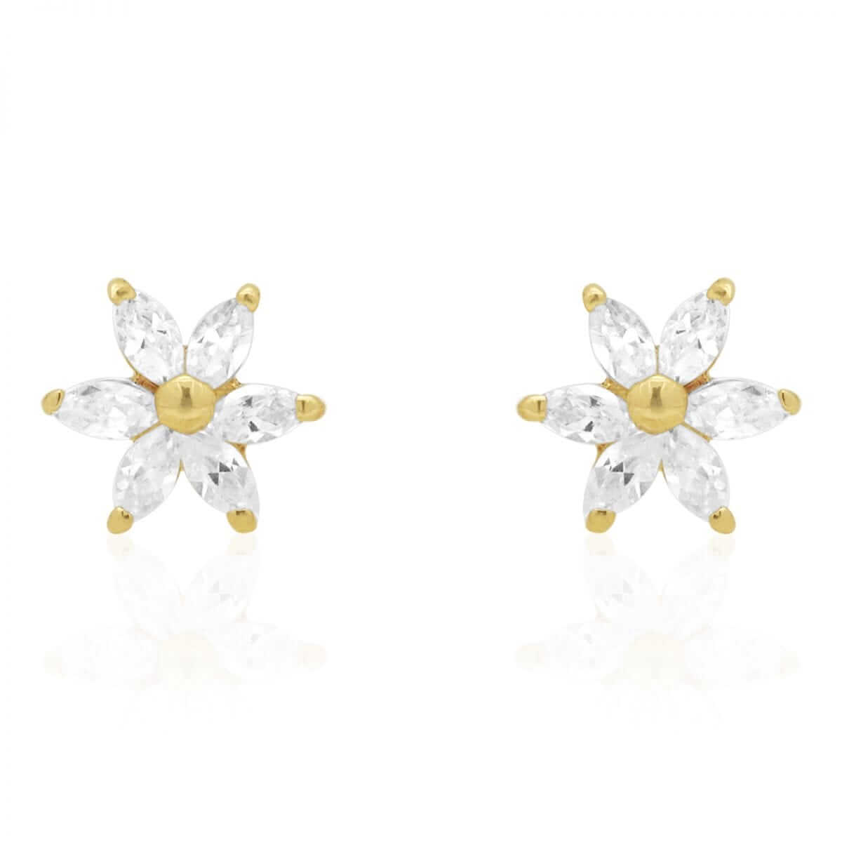 Marquise-Cut White Zircon Flower Screwback Stud Kid Earrings 14k Yellow Gold