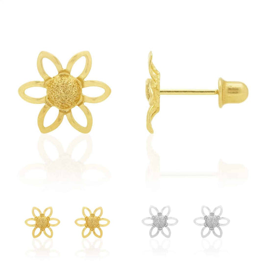 14k Yellow & White Gold Textured Sunflower Screw Back Stud Kid Earrings