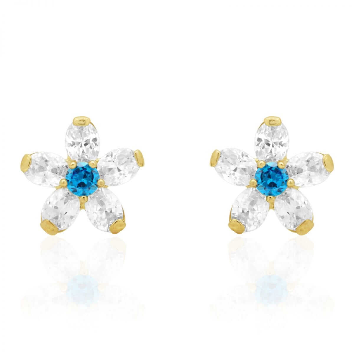14k Yellow Gold CZ And Blue Topaz Flower Screwback Stud Earrings
