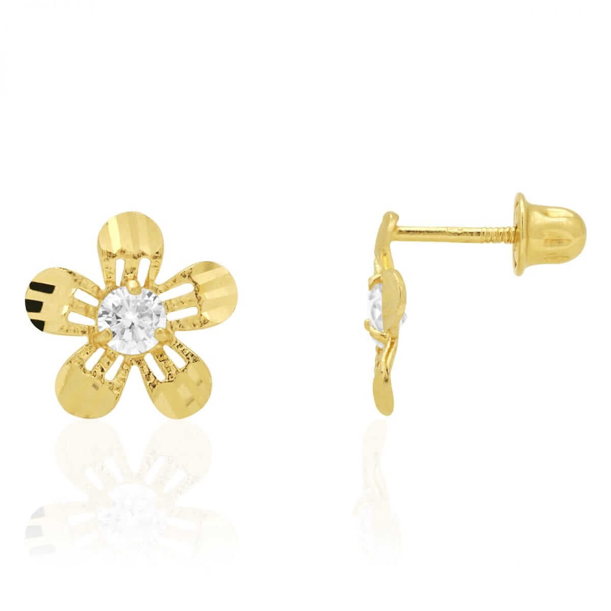 Diamond-Cut Round White Zircon Flower Screwback Stud Earrings 14k Yellow Gold
