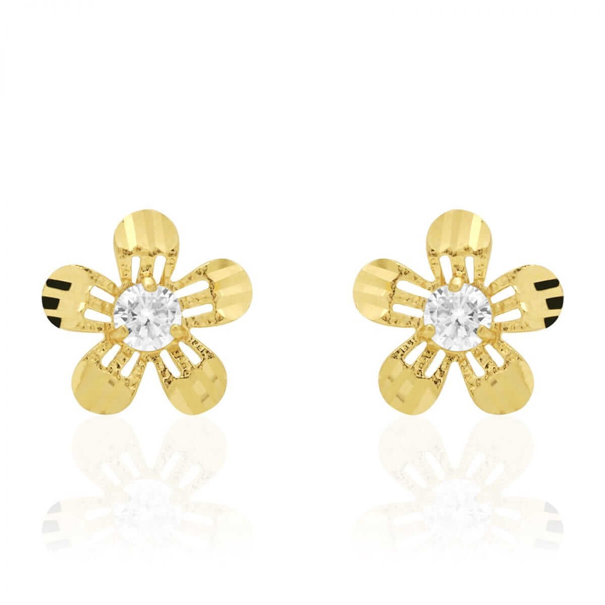 Diamond-Cut Round White Zircon Flower Screwback Stud Earrings 14k Yellow Gold