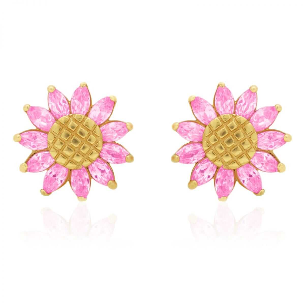 14K Gold Marquise Gemstone Sunflower Textured Stud Screwback Earrings