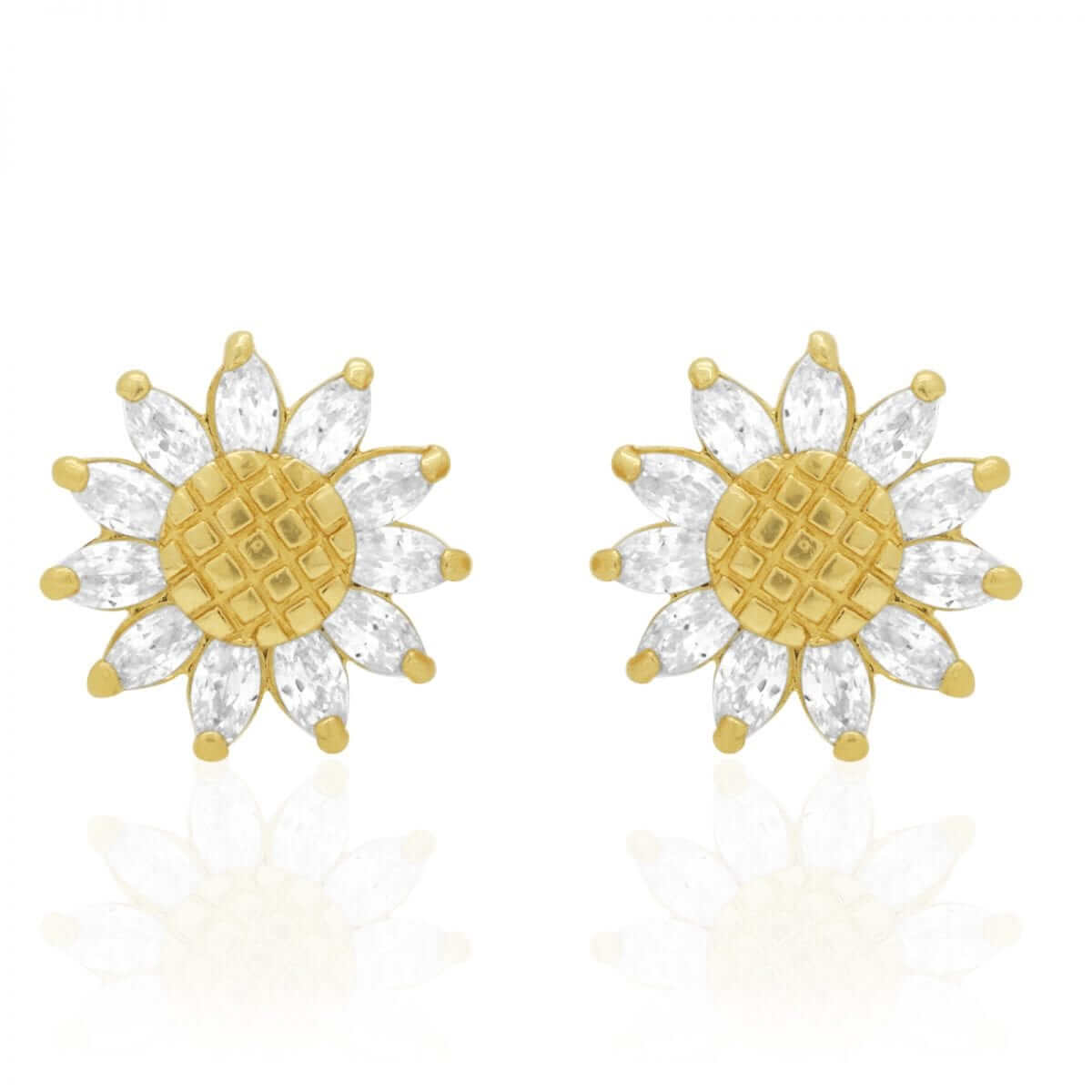 14K Gold Marquise Gemstone Sunflower Textured Stud Screwback Earrings