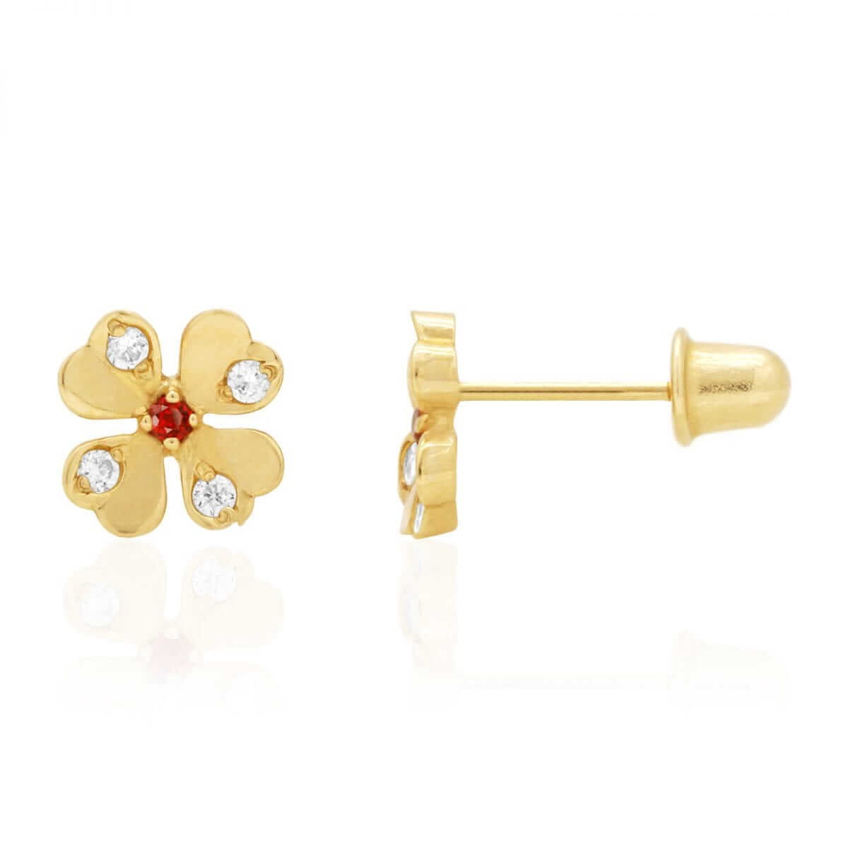 14k Yellow Gold White Zircon & Ruby Flower Shaped Stud Screwback Earrings