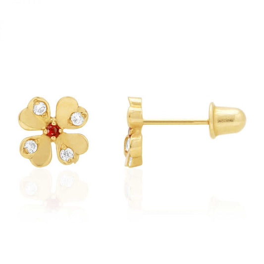 14k Yellow Gold White Zircon & Ruby Flower Shaped Stud Screwback Earrings