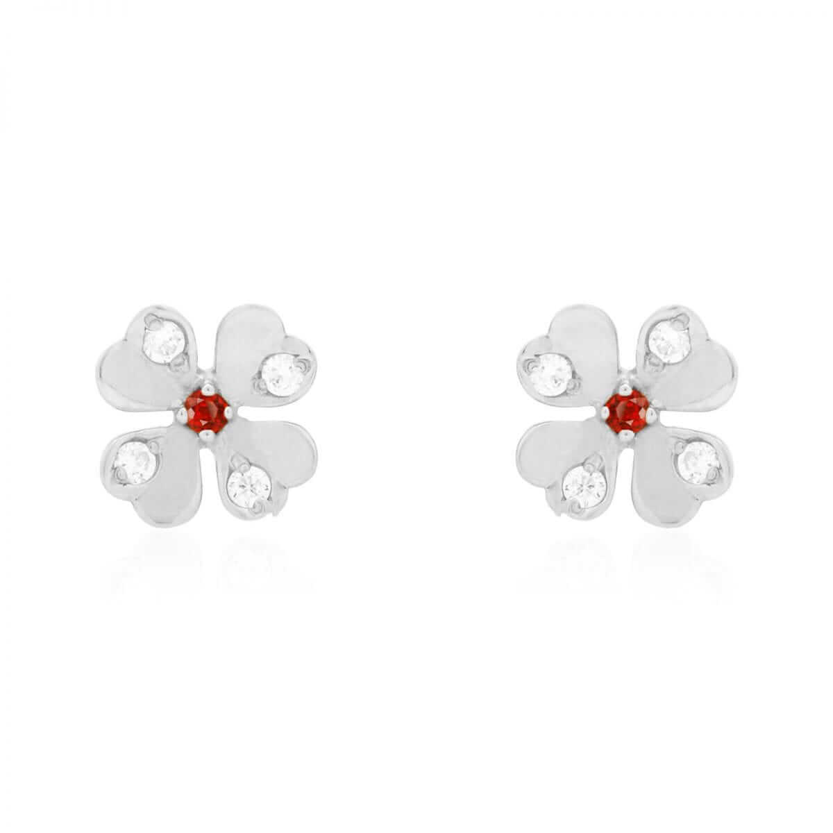 14k Yellow Gold White Zircon & Ruby Flower Shaped Stud Screwback Earrings