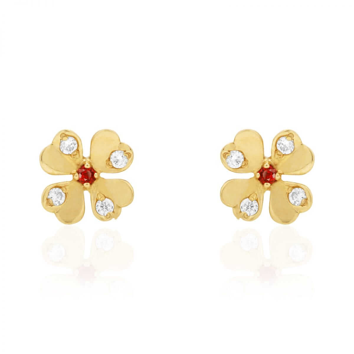 14k Yellow Gold White Zircon & Ruby Flower Shaped Stud Screwback Earrings