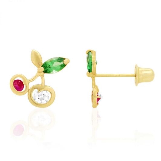 14k Yellow Gold Ruby Emerald & Zircon Gemstone Cherry Screwback Stud Earrings