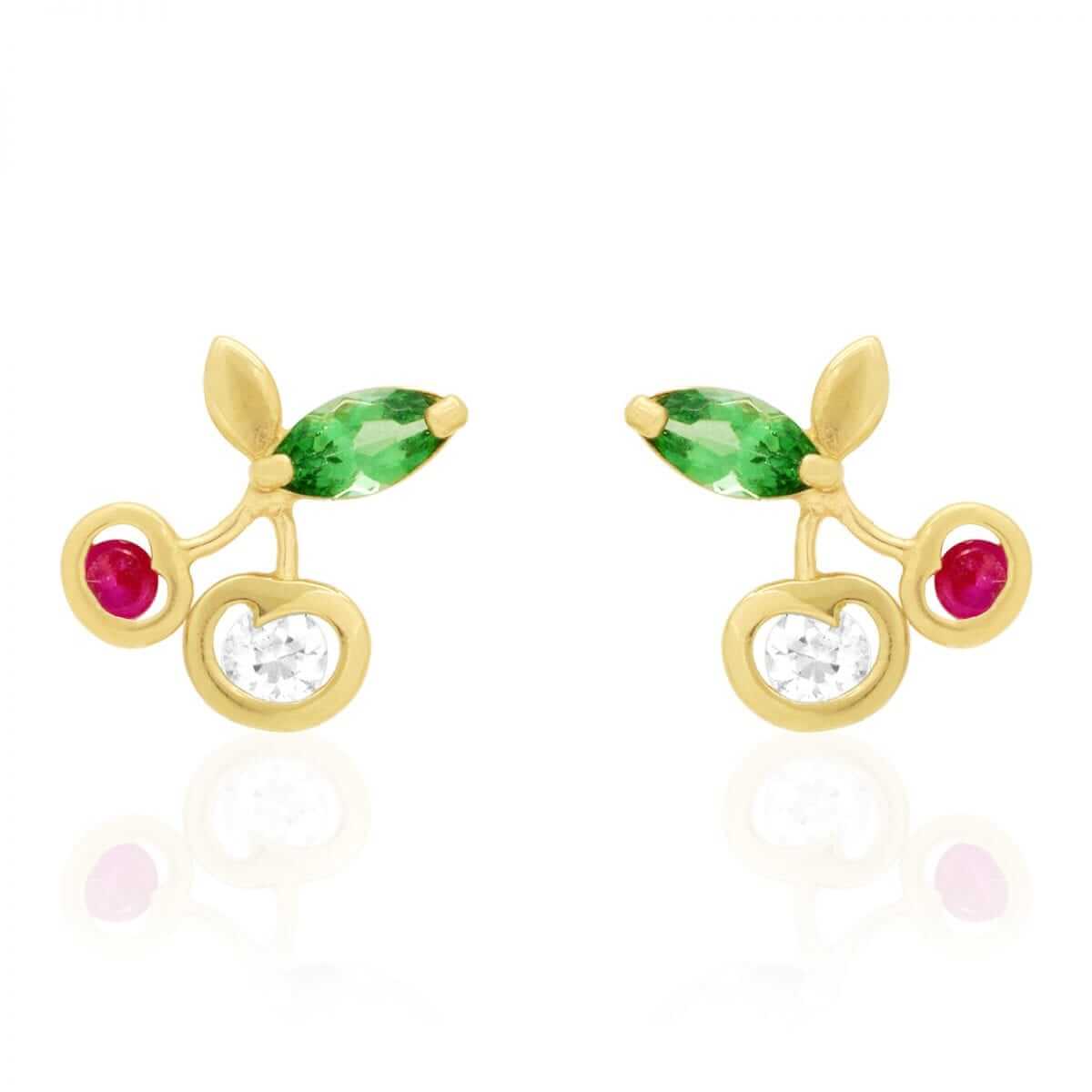 14k Yellow Gold Ruby Emerald & Zircon Gemstone Cherry Screwback Stud Earrings