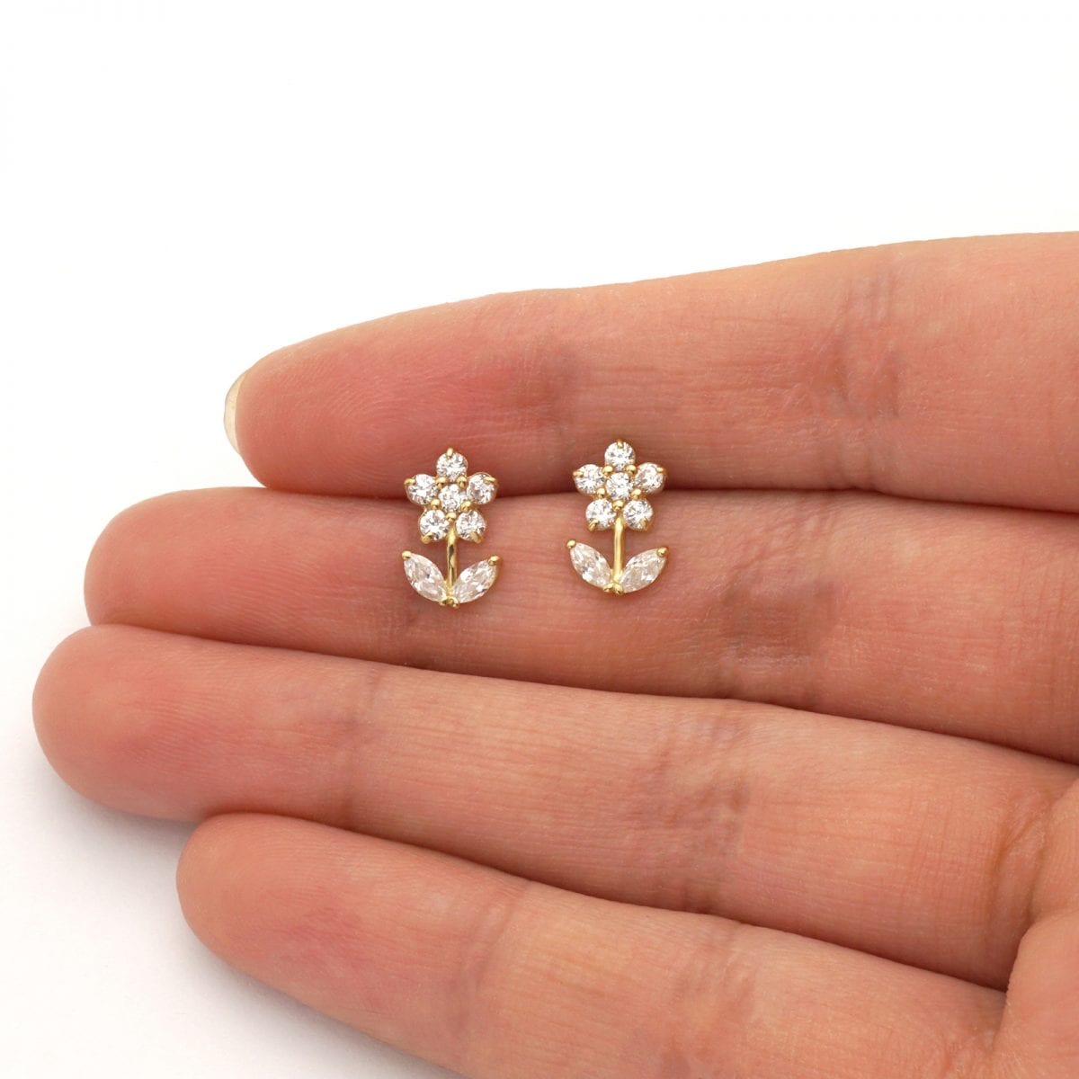14K Real Gold CZ, Ruby, Emerald Gemstone Flower Stud Screw Back Earrings