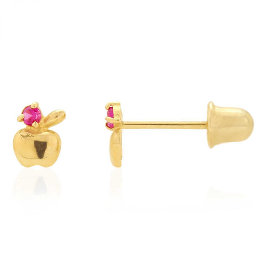 14k Yellow Gold Ruby Gemstone Apple Shaped Stud Baby Screwback Kid Earrings