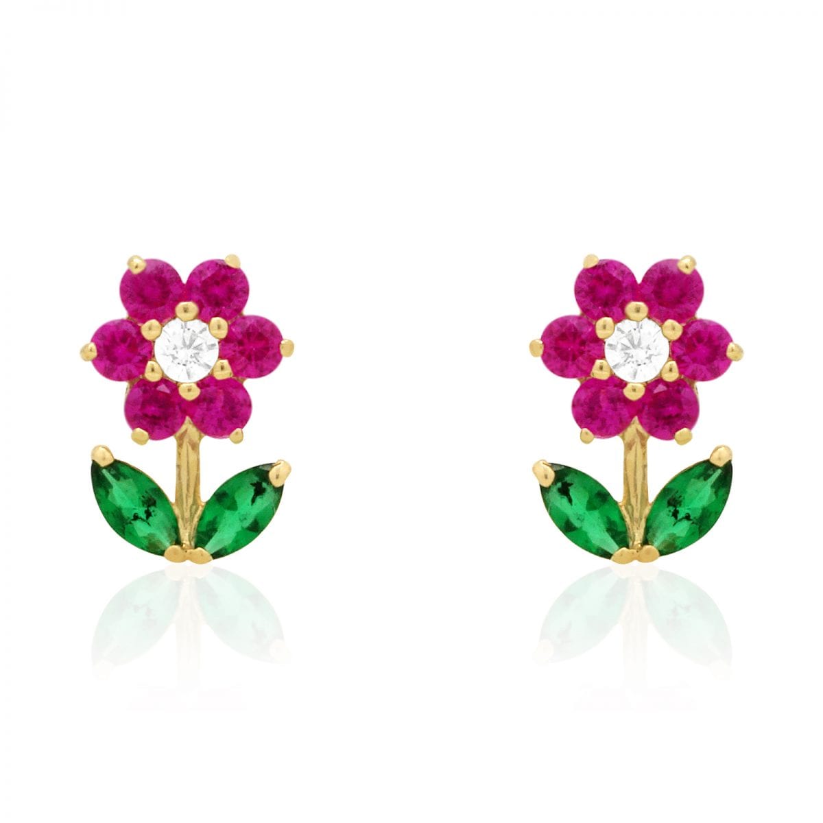 14K Real Gold CZ, Ruby, Emerald Gemstone Flower Stud Screw Back Earrings