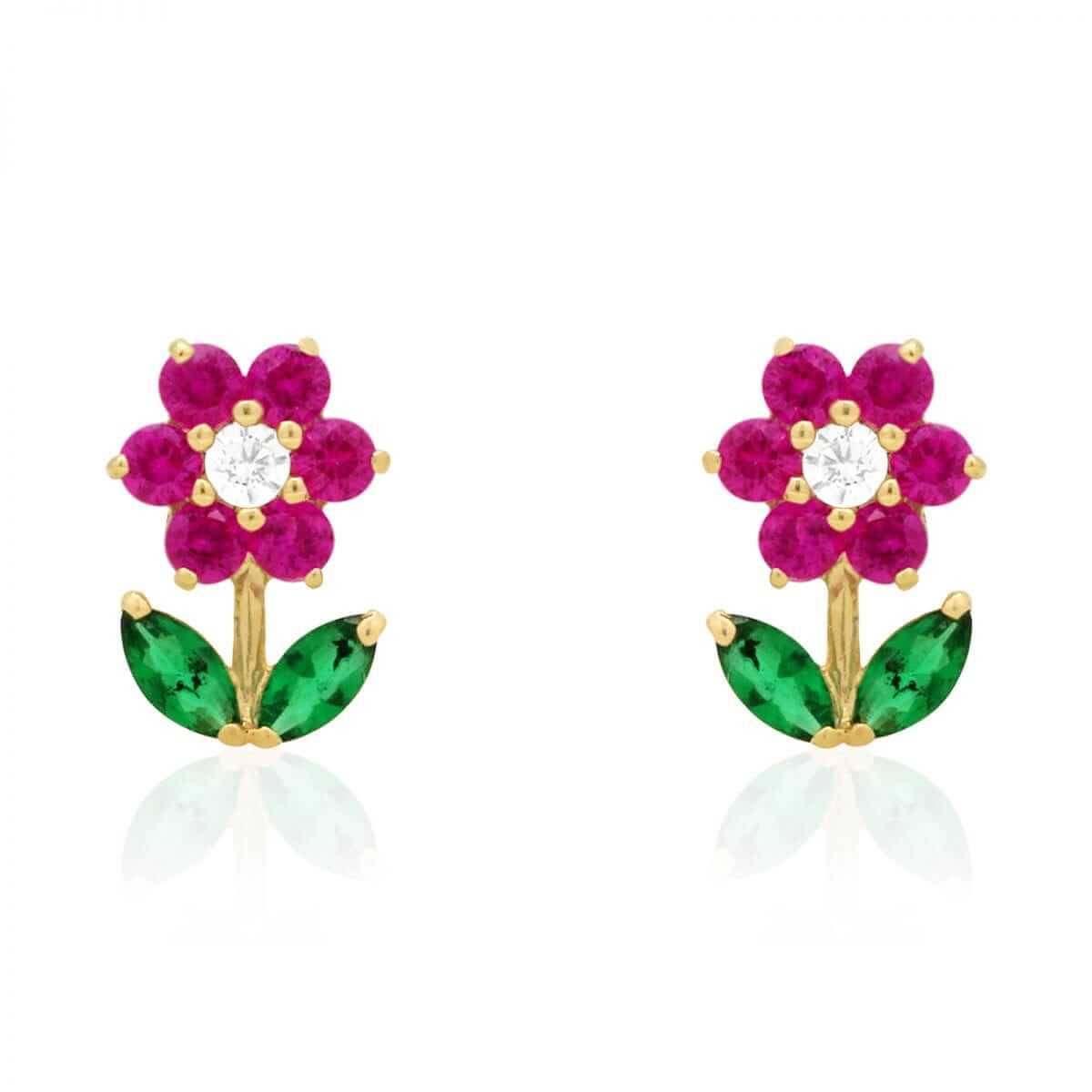 14K Gold CZ, Ruby, Emerald Gemstone Flower Stud Screw Back Earrings