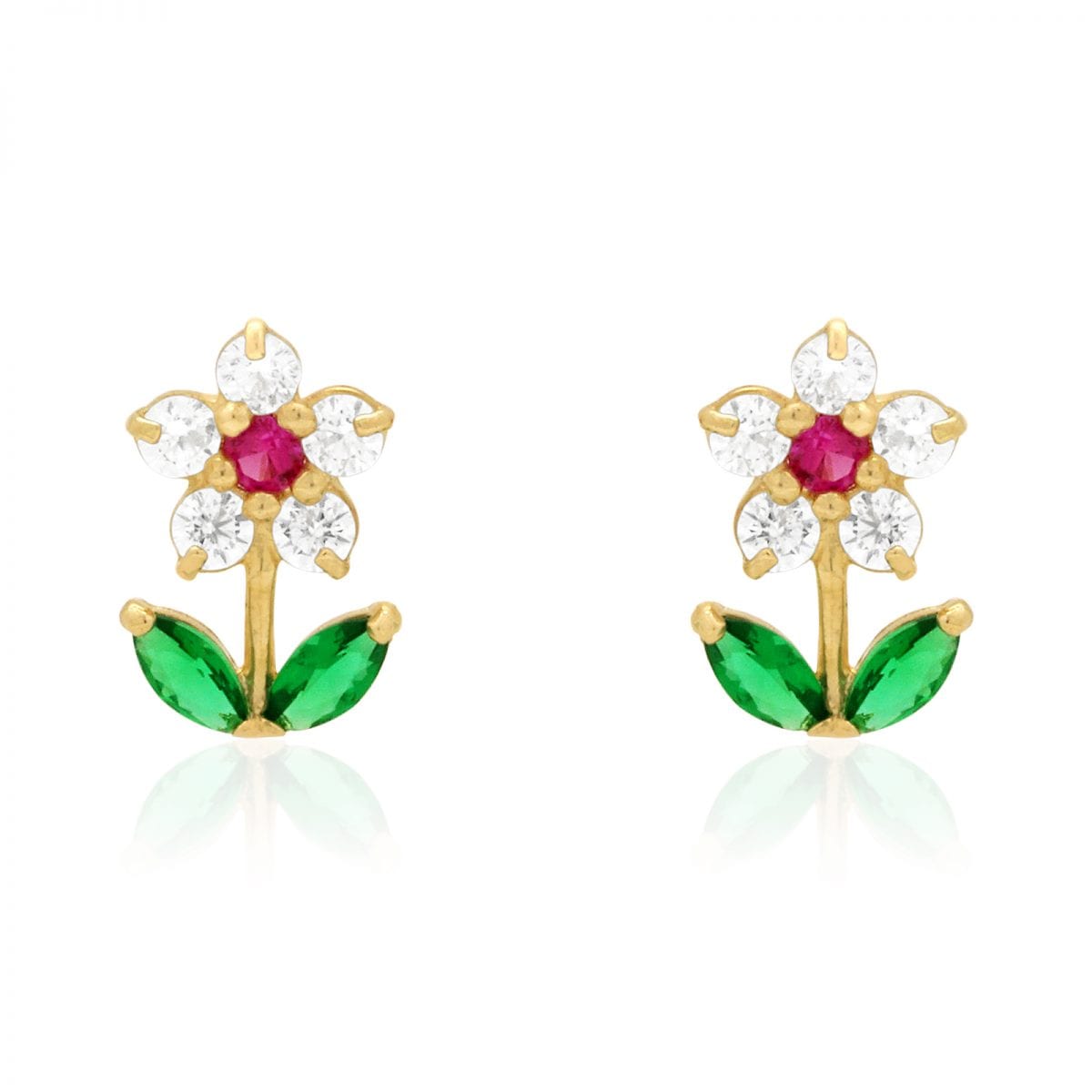 14K Real Gold CZ, Ruby, Emerald Gemstone Flower Stud Screw Back Earrings