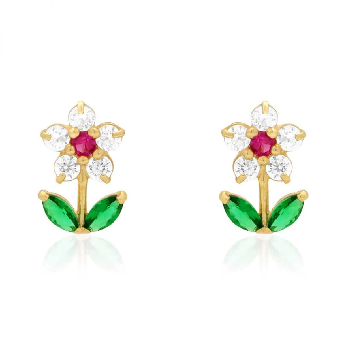 14K Gold CZ, Ruby, Emerald Gemstone Flower Stud Screw Back Earrings