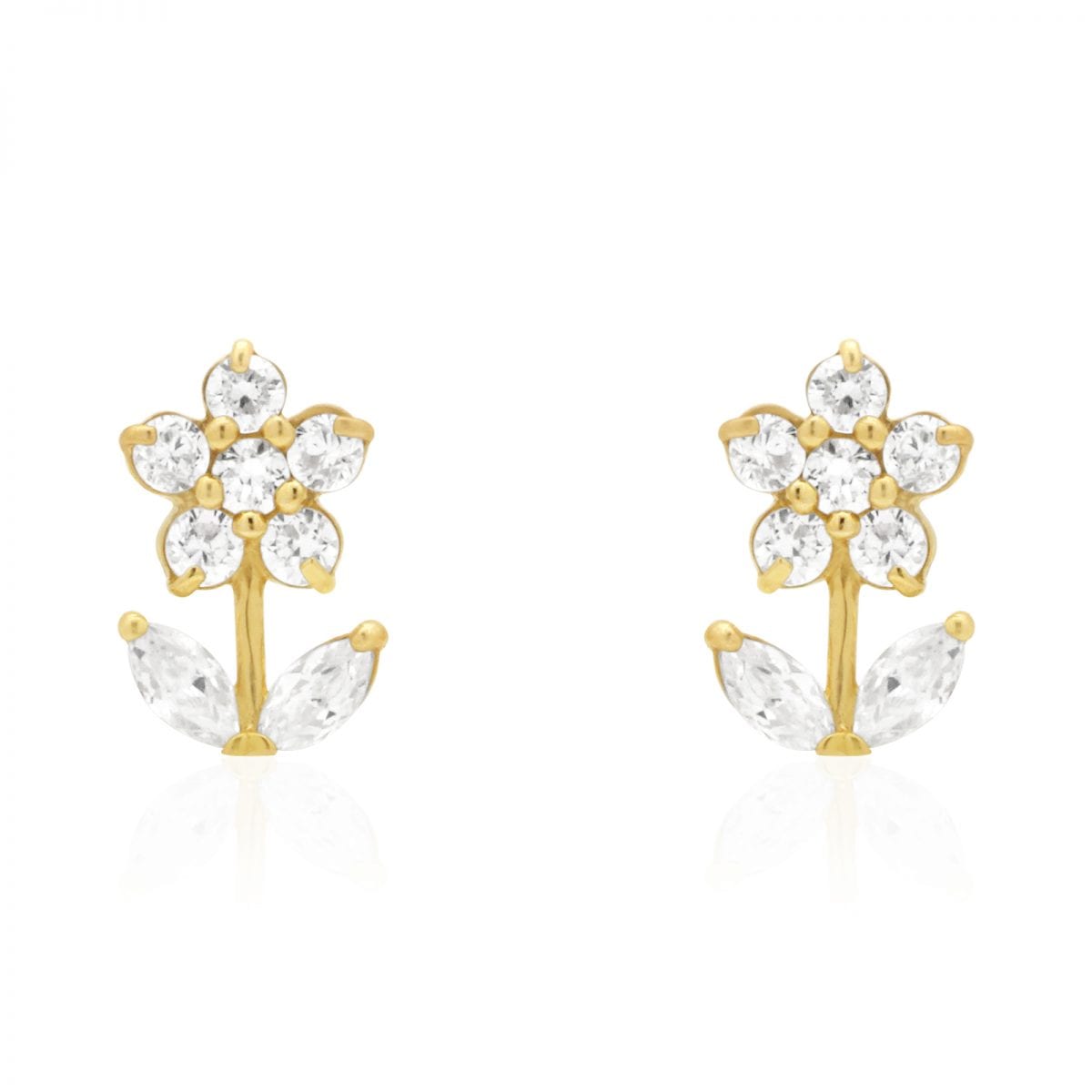 14K Real Gold CZ, Ruby, Emerald Gemstone Flower Stud Screw Back Earrings
