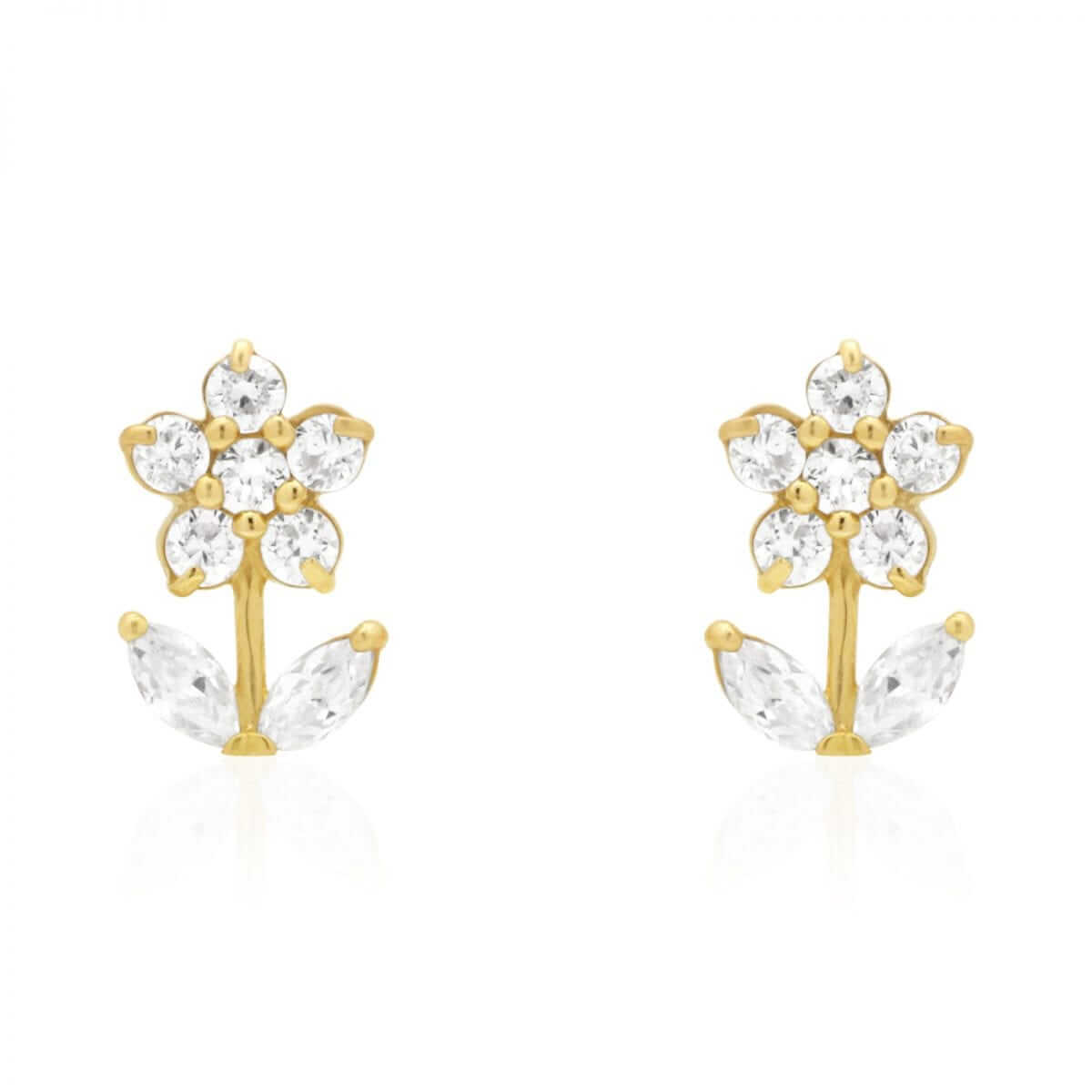 14K Gold CZ, Ruby, Emerald Gemstone Flower Stud Screw Back Earrings