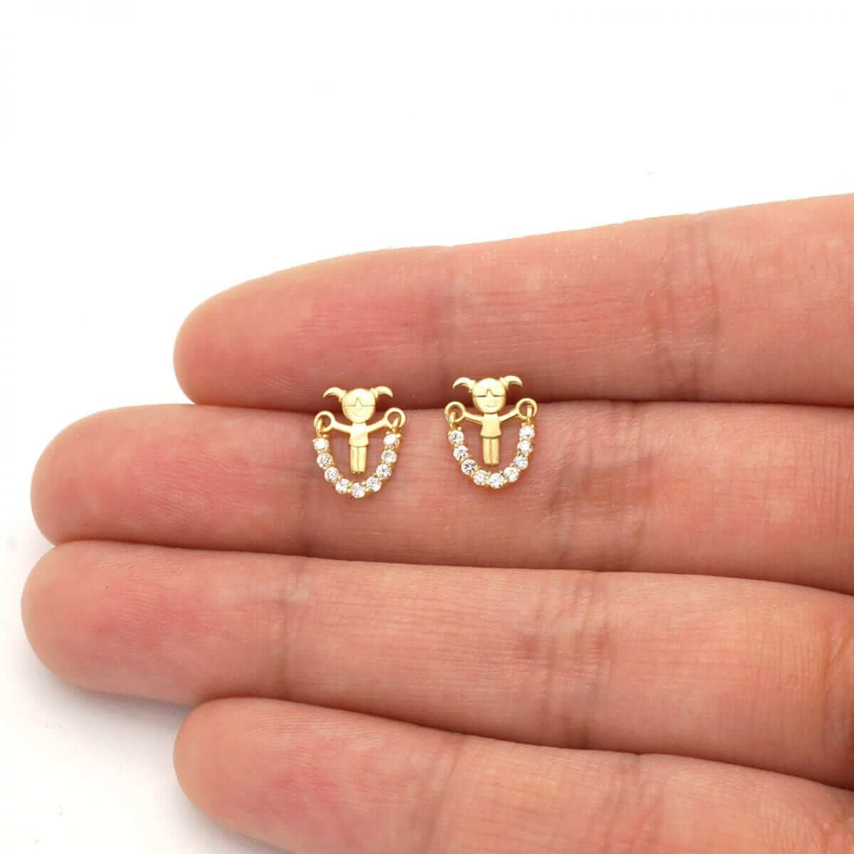 14K White Gold Zircon Jump Rope Girl Screwback Stud Kid Earrings 10mm