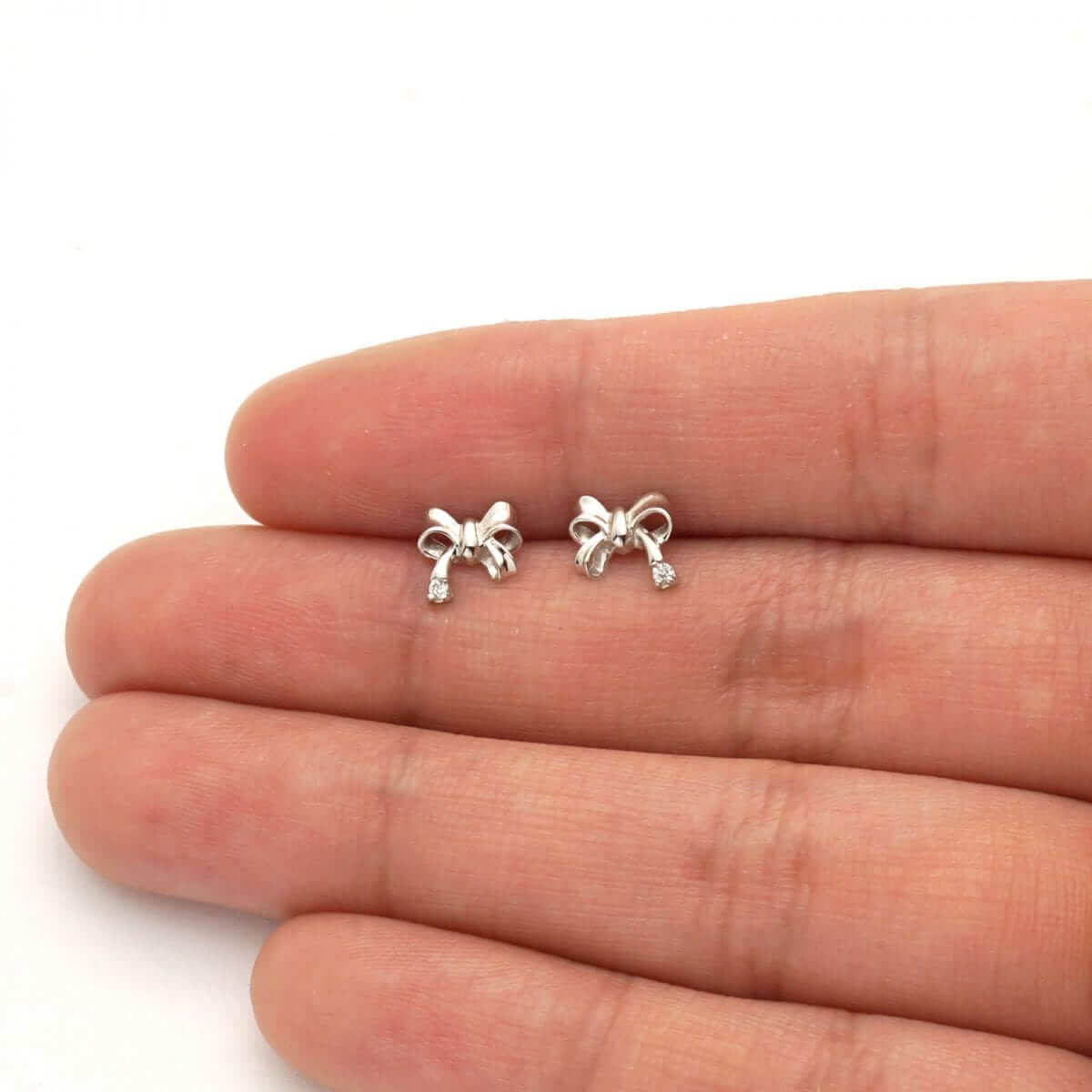 14k Yellow & White Gold Round White Zircon Bow Tie Screwback Stud Kid Earrings