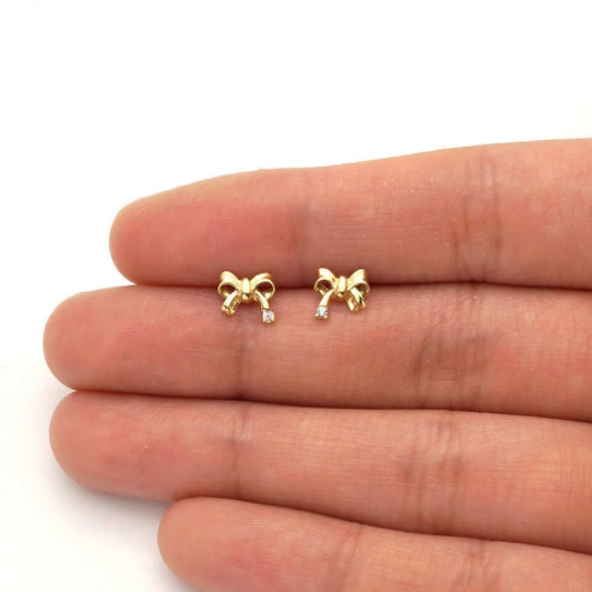14k Yellow & White Gold Round White Zircon Bow Tie Screwback Stud Kid Earrings