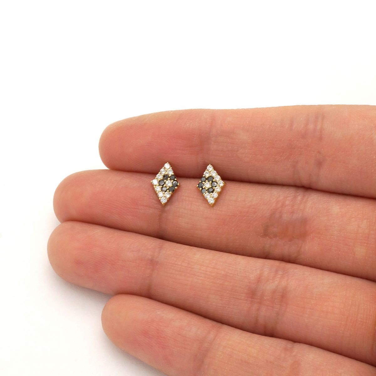 Rhomb Shaped Onyx White Zircon Encrusted Screwback Stud Earrings 14k Yellow Gold