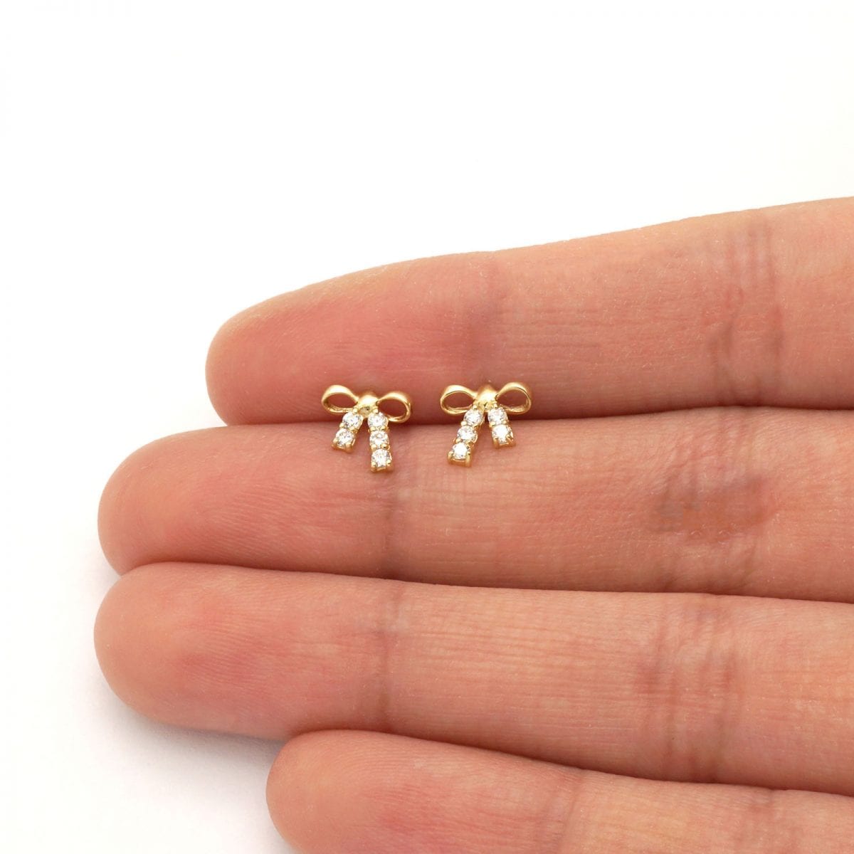 Round White Zircon Bow Tie Screwback Stud Kid Earrings 14k Yellow & White Gold