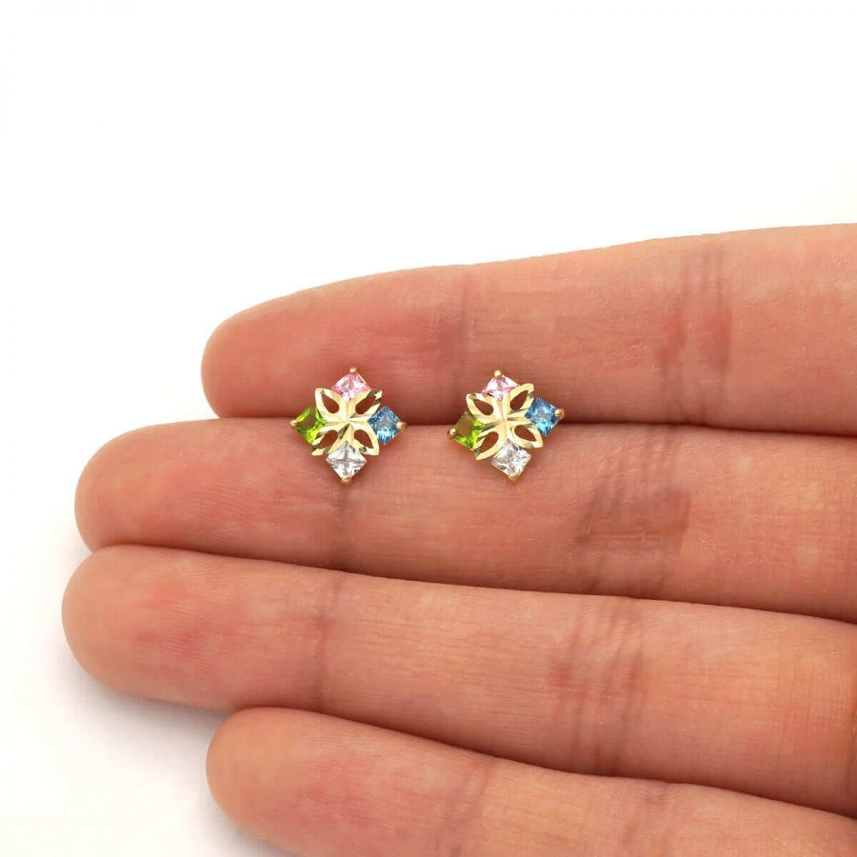 Princess-Cut Multicolor Gemstone Square Screwback Stud Earrings 14k Yellow Gold