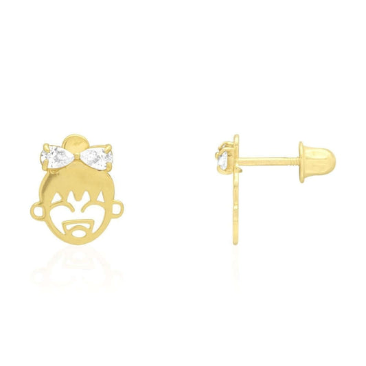 Zircon Bow Happy Girl Face Stud Screwback Stud Earrings 14k Yellow & White Gold