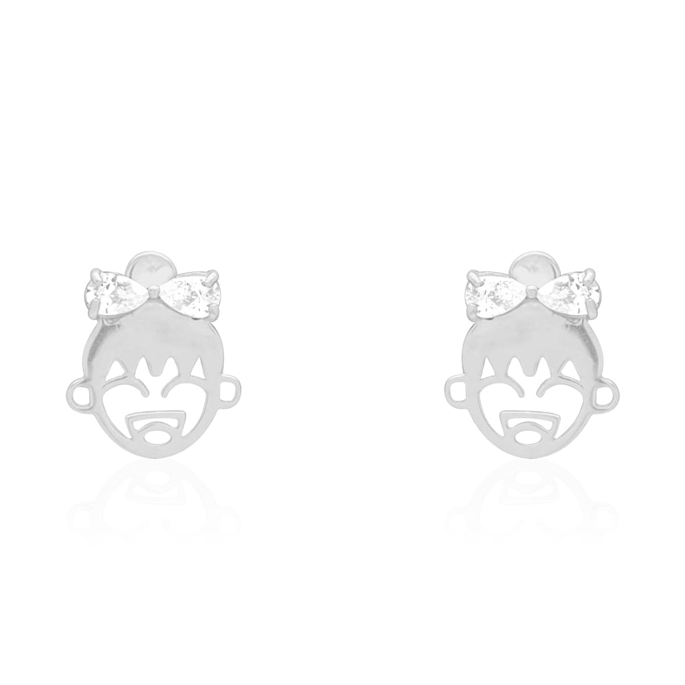 Zircon Bow Happy Girl Face Stud Screwback Stud Earrings 14k Yellow & White Gold