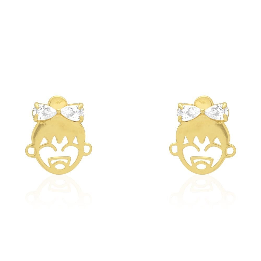 Zircon Bow Happy Girl Face Stud Screwback Stud Earrings 14k Yellow & White Gold