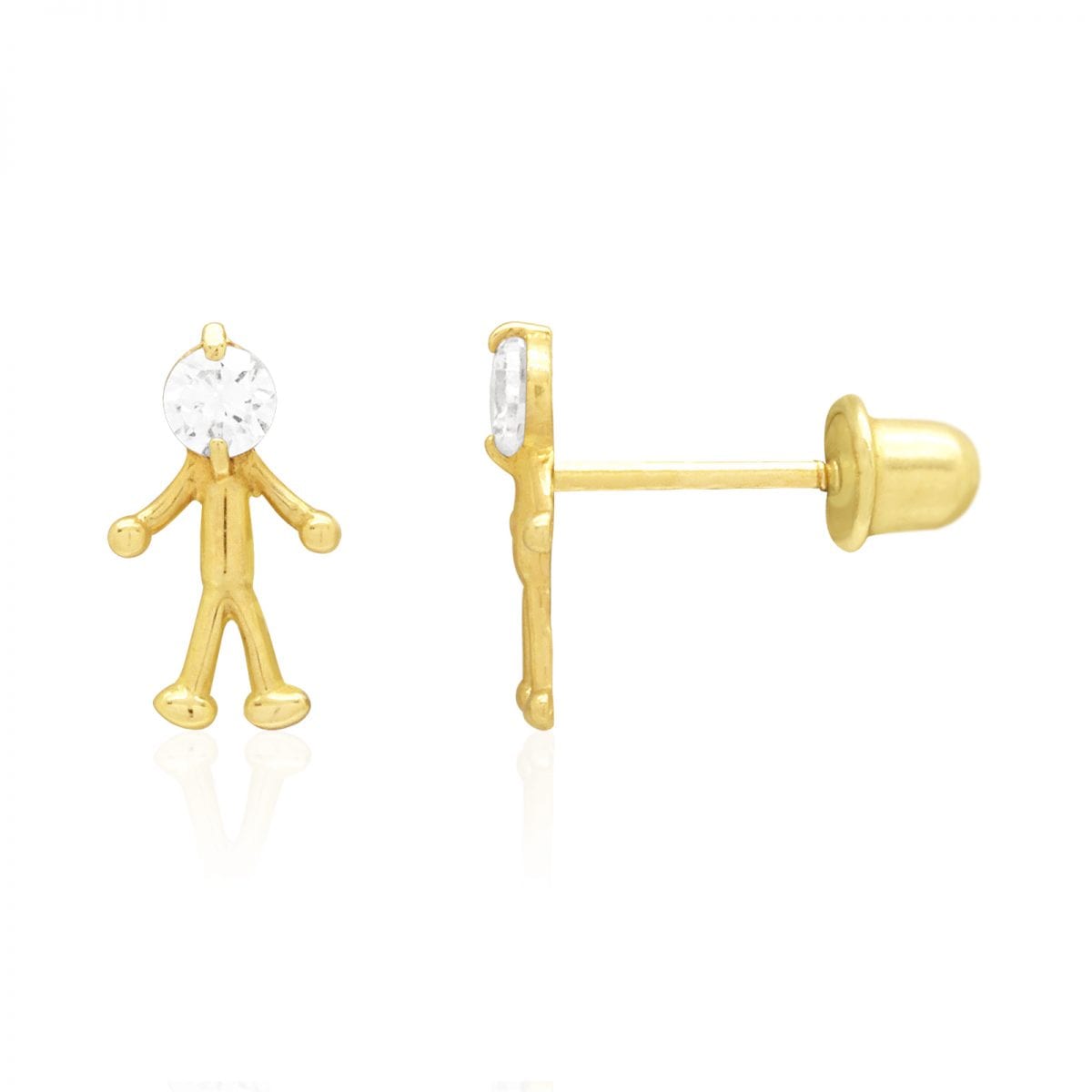 14k Yellow & White Gold Round Zircon Stick Figure Stud Screw Back Kid Earrings